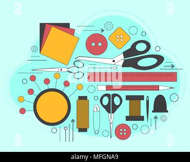 Set of accessories for sewing and handmade paper card with dressmaking accessories. Line art. Vector illustration Stock Vector