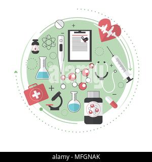 Thin line flat design of city medicine services, medical supplies, ambulance emergency help for illness patient. Modern concept. Line art. Vector illu Stock Vector