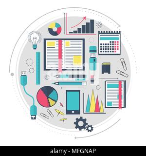 Icons of search engine optimization service, SEO data analytics and keyword process. Modern concept for website or infographics. The working process.  Stock Vector