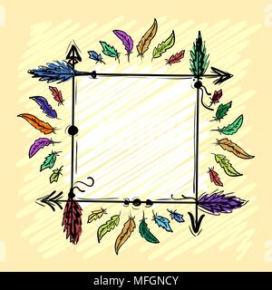 Decorative frame with arrows and feathers hand-drawn on a yellow background. Vector illustration Stock Vector