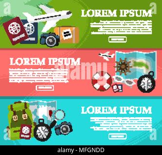 Set of horizontal banners on trips with space for your text. Travel,tourism vector illustration in flat style. Vector illustration Stock Vector