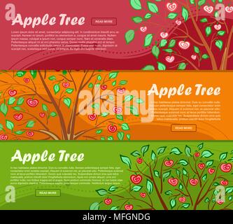 Three colorful banners with apple tree and place for your advertisement. Vector illustration Stock Vector