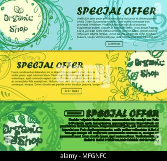 Three horizontal banners of organic shop with place for your text. Hand-drawn. Vector illustration Stock Vector