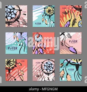 Set of bright abstract cards with dream catcher for your design. Hand-drawn. Vector illustration Stock Vector