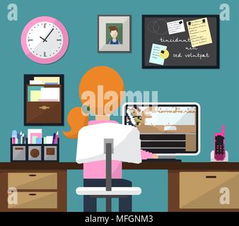 Flat design vector illustration of room with workspace. Girl at work. Vector illustration Stock Vector