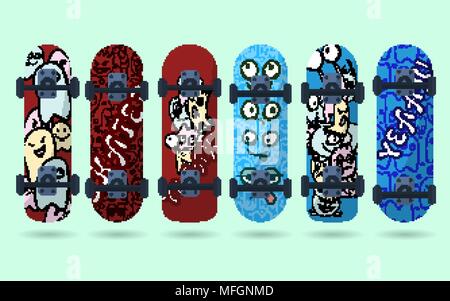 Collection of blue and red skateboard with monsters on a light background. Vector illustration Stock Vector