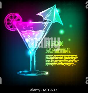 Martini glass with bright background and a neon glow. Vector Stock Vector