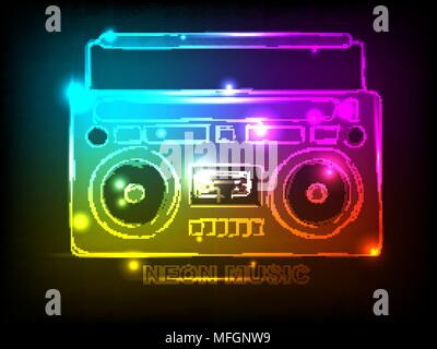 Bright tape recorder with elements of colorful neon for your design. Vector illustration Stock Vector