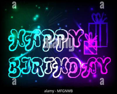 Birthday postcard with birthday greetings with neon glow effect. Vector illustration Stock Vector