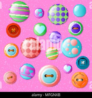 Set of multicolored buttons on a jeans background. Vector illustration Stock Vector