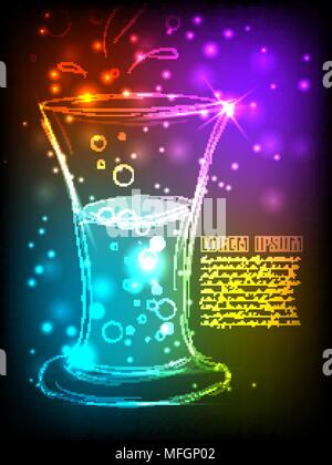 A glass of beer on a bright background with a glow of multicolored neon lights with a place for advertising. Vector illustration Stock Vector