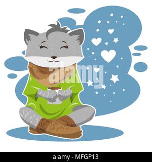 The fox in winter and cold drinks tea or coffee and thinks about love. Vector illustration Stock Vector