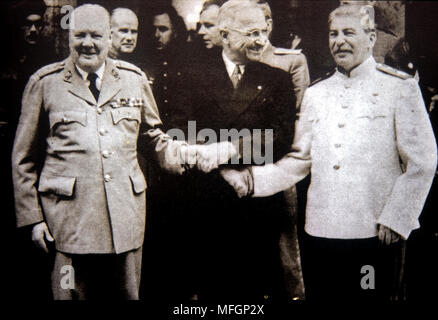 Winston Churchill, Harry Man and Stalin ,paused at the Potsdam conference -17 July to 2 August 1945 Stock Photo