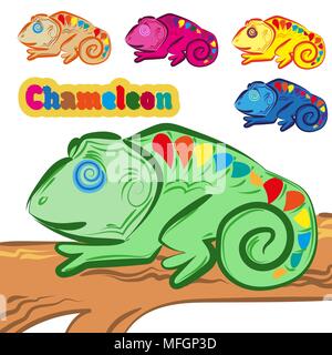a set of multi-colored chameleons sitting on a tree. Cartoon design. Vector illustration Stock Vector