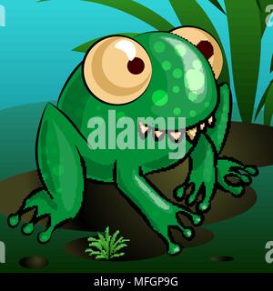 A merry cartoon frog is sitting on a swamp. Vector illustration Stock Vector