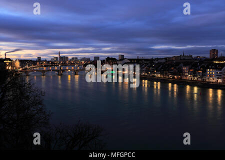 Dusk view over Klein Basel, Mittlere Brücke bridge, river Rhine, city of Basel, Canton Basel Stadt, Switzerland, Europe Stock Photo