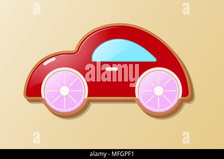 A small baby typewriter in the form of a cookie on a bright background and with orange wheels. Vector illustration Stock Vector