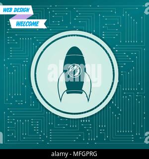 Rocket icon on a green background, with arrows in different directions. It appears on the electronic board. Vector illustration Stock Vector