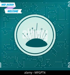 Sewing Needle icon on a green background, with arrows in different directions. It appears on the electronic board. Vector illustration Stock Vector
