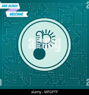 temperature, Medicine thermometer, Weather climate icon on a green background, with arrows in different directions. It appears on the electronic board Stock Vector