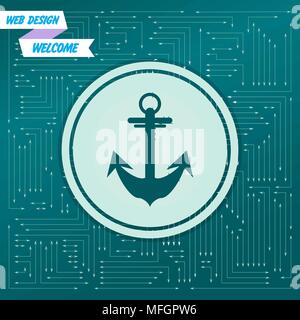 Anchor icon on a green background, with arrows in different directions. It appears on the electronic board. Vector illustration Stock Vector