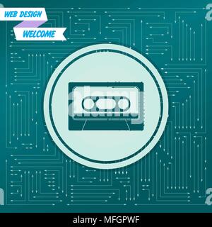 Cassette icon on a green background, with arrows in different directions. It appears on the electronic board. Vector illustration Stock Vector