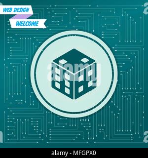 game cube icon on a green background, with arrows in different directions. It appears on the electronic board. Vector illustration Stock Vector
