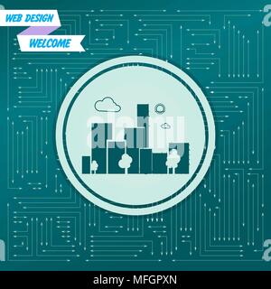 City Icon on a green background, with arrows in different directions. It appears on the electronic board. Vector illustration Stock Vector