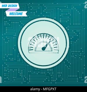 Speedometer icon on a green background, with arrows in different directions. It appears on the electronic board. Vector illustration Stock Vector