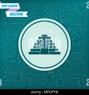 pyramid icon on a green background, with arrows in different directions. It appears on the electronic board. Vector illustration Stock Vector