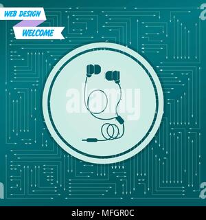 Headphones icons on a green background, with arrows in different directions. It appears on the electronic board. Vector illustration Stock Vector