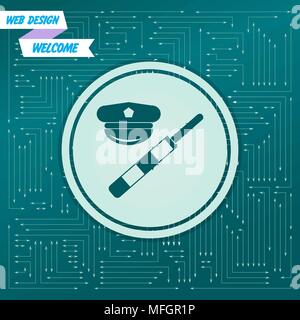 police of hat icon on a green background, with arrows in different directions. It appears on the electronic board. Vector illustration Stock Vector