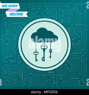 cloud computer storage with lock icon on a green background, with arrows in different directions. It appears on the electronic board. Vector illustrat Stock Vector