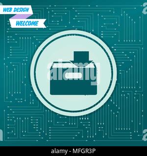 download to hdd icon on a green background, with arrows in different directions. It appears on the electronic board. Vector illustration Stock Vector