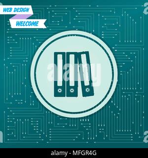 Folder icon on a green background, with arrows in different directions. It appears on the electronic board. Vector illustration Stock Vector