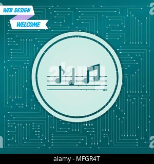 music notes icon on a green background, with arrows in different directions. It appears on the electronic board. Vector illustration Stock Vector