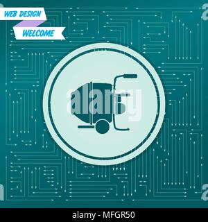 Concrete mixer icon on a green background, with arrows in different directions. It appears on the electronic board. Vector illustration Stock Vector