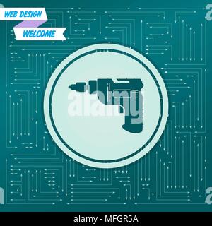 Screwdriver, power drill icon on a green background, with arrows in different directions. It appears on the electronic board. Vector illustration Stock Vector
