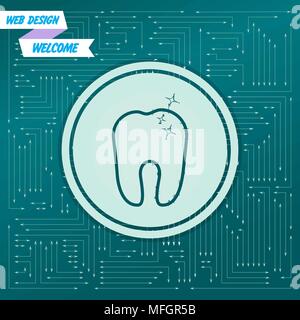 Tooth Icon on a green background, with arrows in different directions. It appears on the electronic board. Vector illustration Stock Vector