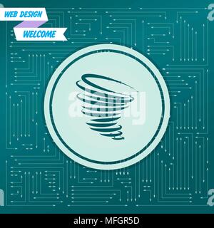 Tornado icon on a green background, with arrows in different directions. It appears on the electronic board. Vector illustration Stock Vector