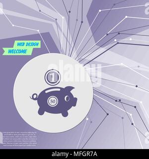 Piggy bank and dollar coin icon on purple abstract modern background. The lines in all directions. With room for your advertising. Vector illustration Stock Vector