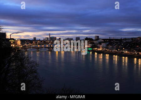 Dusk view over Klein Basel, Mittlere Brücke bridge, river Rhine, city of Basel, Canton Basel Stadt, Switzerland, Europe Stock Photo