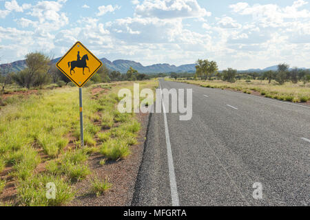 Horse rider warning sign. Larapinta Drive, Highway 6, Alice Springs Stock Photo