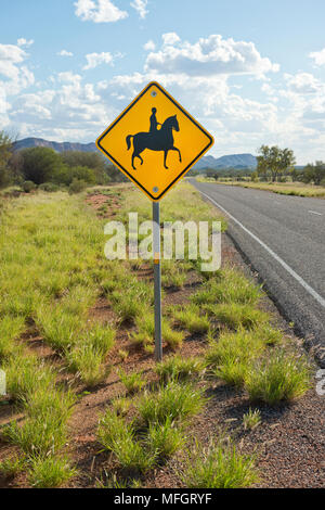 Horse rider warning sign. Larapinta Drive, Highway 6, Alice Springs Stock Photo