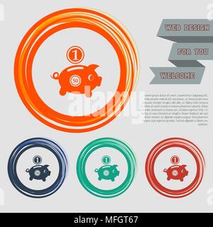 Piggy bank and dollar coin icon on the red, blue, green, orange buttons for your website and design with space text. Vector illustration Stock Vector
