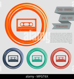 Cassette icon on the red, blue, green, orange buttons for your website and design with space text. Vector illustration Stock Vector