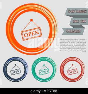 Open Icon on the red, blue, green, orange buttons for your website and design with space text. Vector illustration Stock Vector