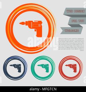 Screwdriver, power drill icon on the red, blue, green, orange buttons for your website and design with space text. Vector illustration Stock Vector