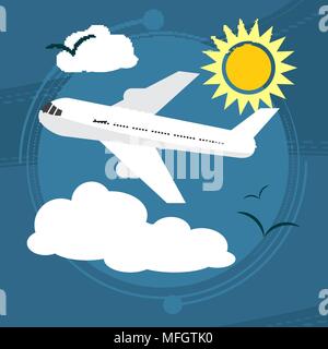Sunny day. The plane takes passengers to the resort. With seagulls in the sky. Vector illustration Stock Vector