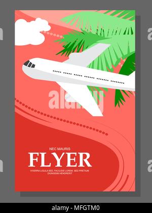 Flyer with Sunny day. The plane takes passengers to the resort. With seagulls in the sky. Vector illustration Stock Vector